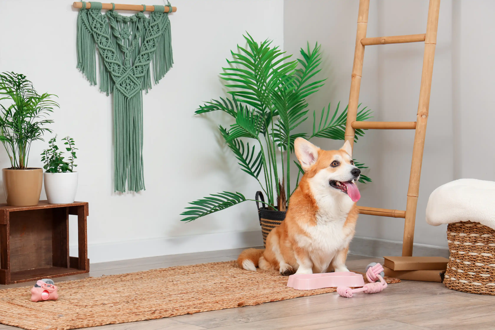 柯基坐在編織地墊上,搭配木質寵物用品與綠植佈置|上手家居