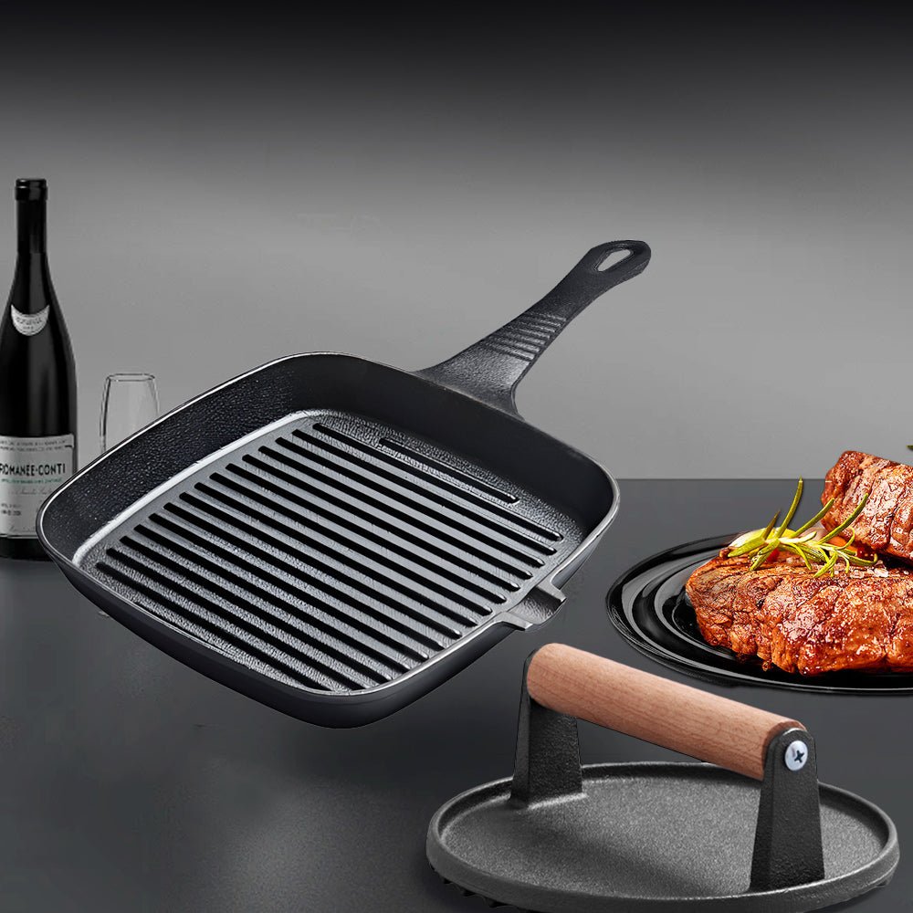 鑄鐵壓肉牛排鍋組|煎烤厚牛排不怕翹邊.壓出焦香完美紋路