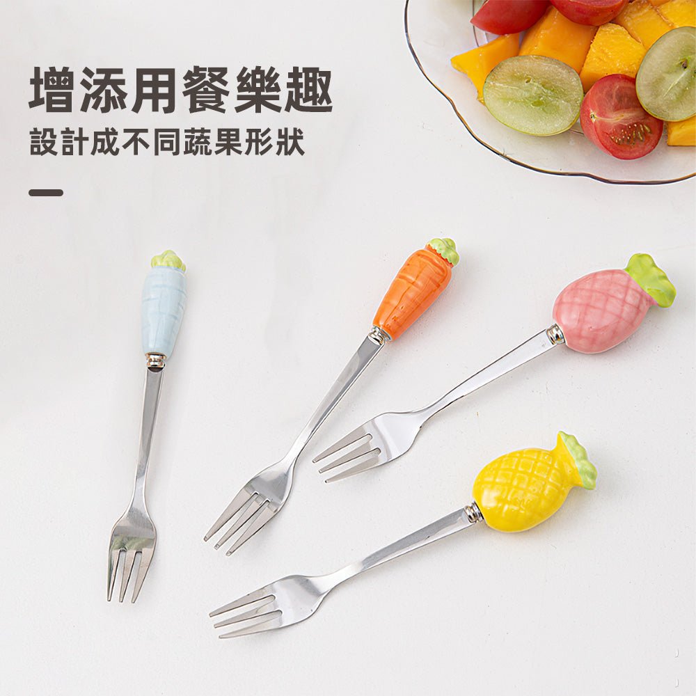 陶瓷水果叉 6件組|手工蔬果造型叉柄・304不鏽鋼叉頭・附收納罐整齊不凌亂