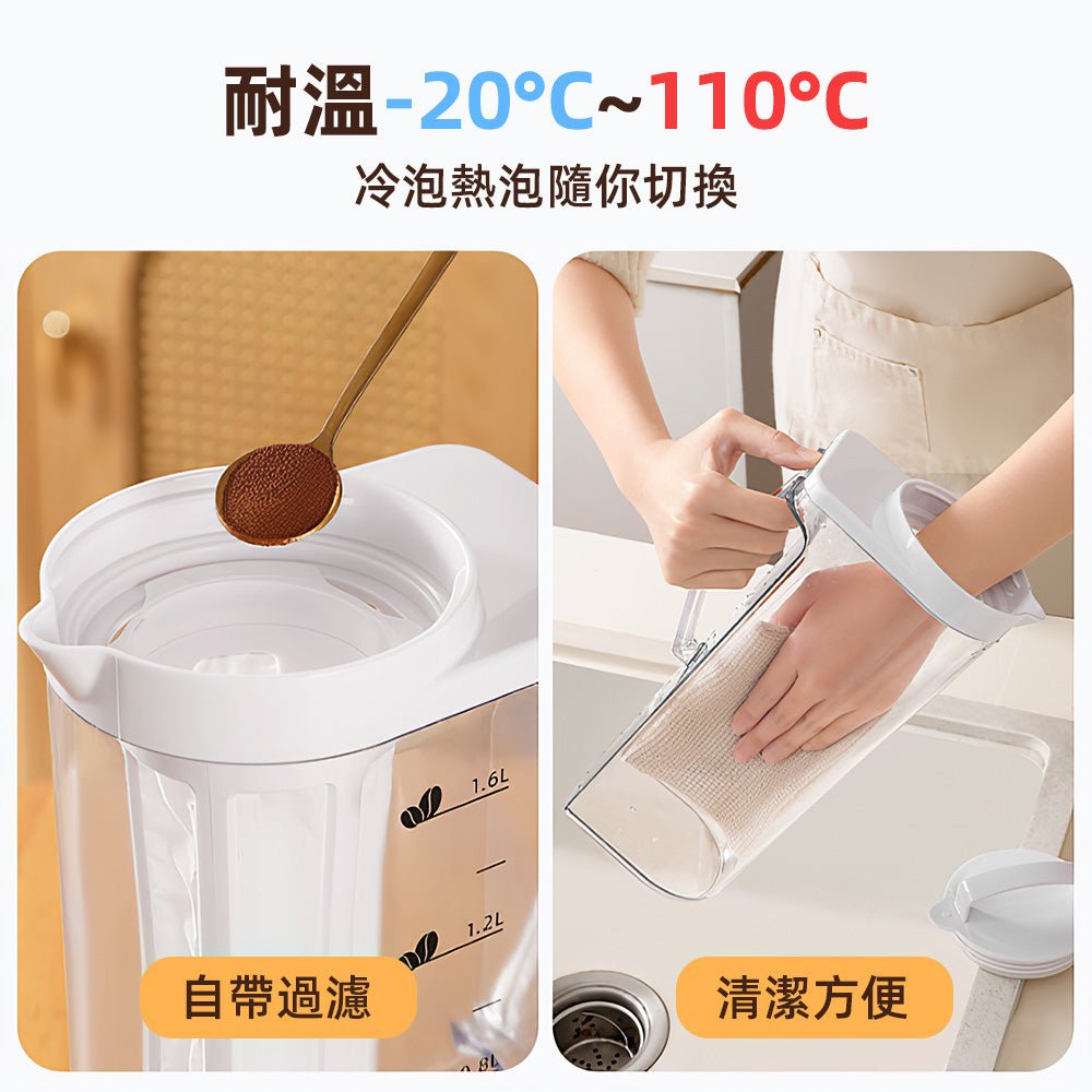 冷萃過濾冷水壺 2.2L|可冷泡熱泡雙用・細密濾網不卡茶渣・旋轉式倒水免開蓋