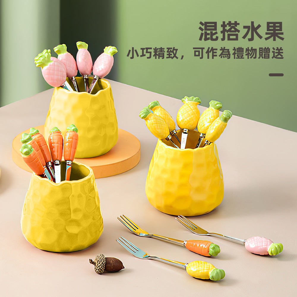陶瓷水果叉 6件組|手工蔬果造型叉柄・304不鏽鋼叉頭・附收納罐整齊不凌亂