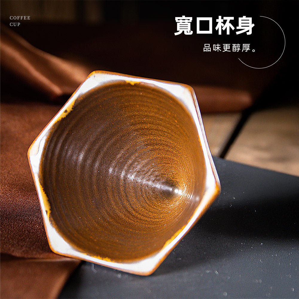 六角陶瓷咖啡杯 170ml|幾何立體造型・圓潤手柄好握・高溫燒製質感上桌
