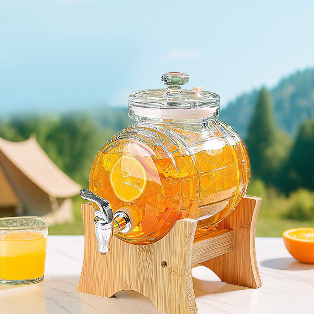 玻璃冷飲水壺桶|2.5L大容量・附木架與氣閥・聚會果汁酒飲皆宜