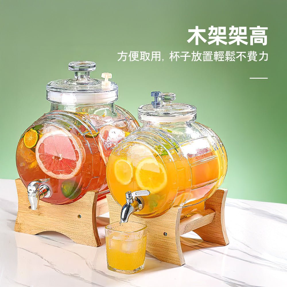 玻璃冷飲水壺桶|2.5L大容量・附木架與氣閥・聚會果汁酒飲皆宜