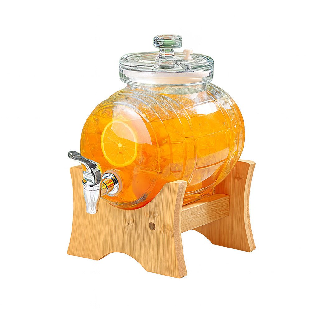 玻璃冷飲水壺桶|2.5L大容量・附木架與氣閥・聚會果汁酒飲皆宜