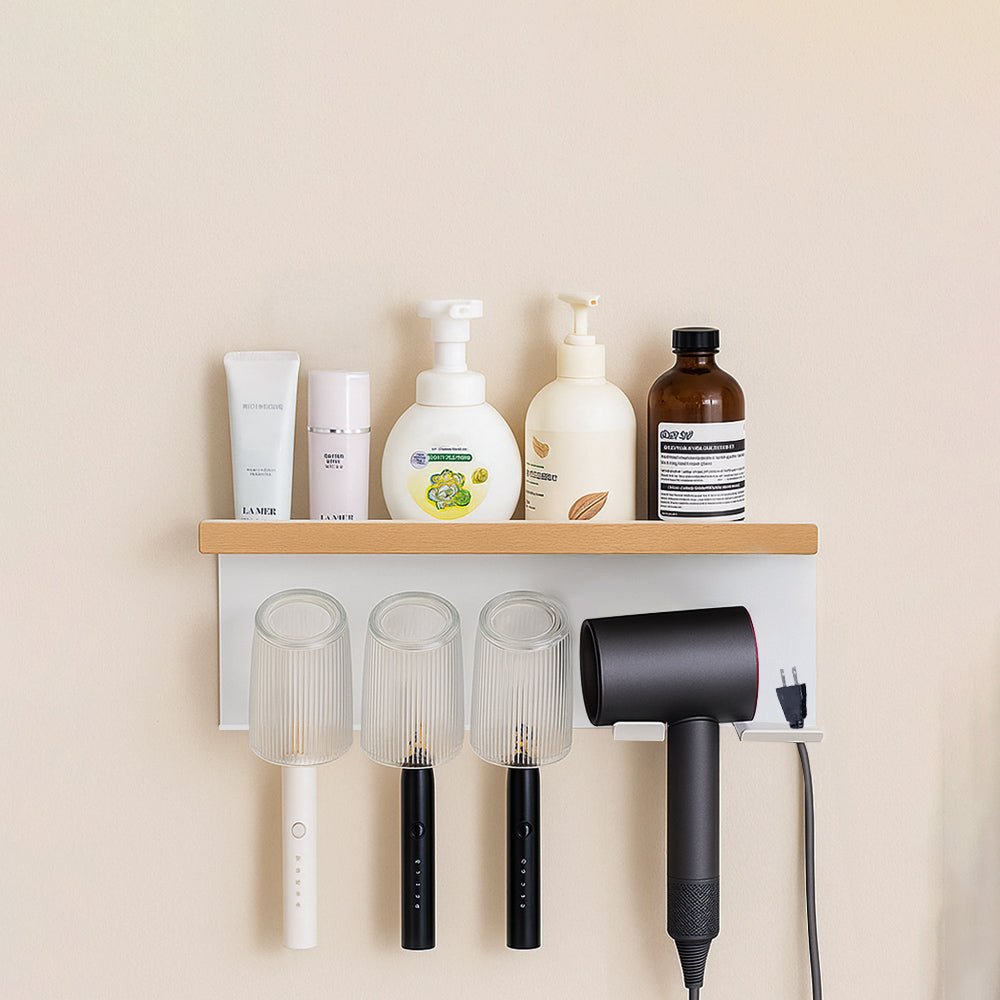 白色櫸木吹風機牙刷架|免釘安裝・浴室整齊不凌亂