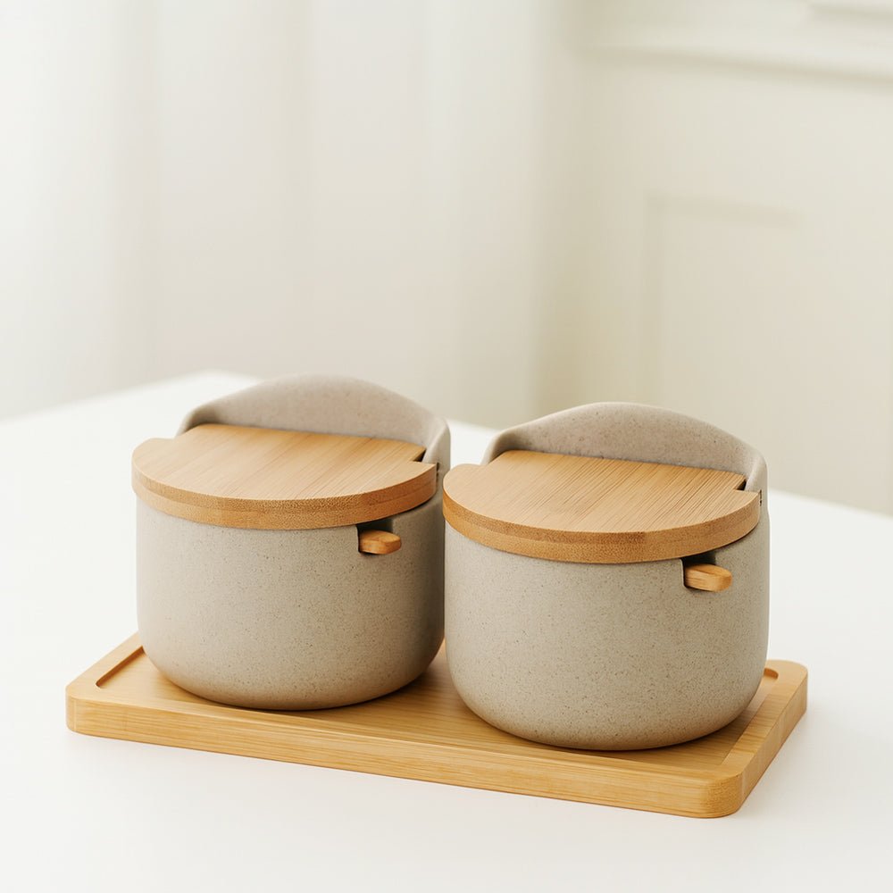 陶瓷竹木蓋調味罐 2罐組|質感雙罐・附標籤筆・350g大容量・竹木底座收納組