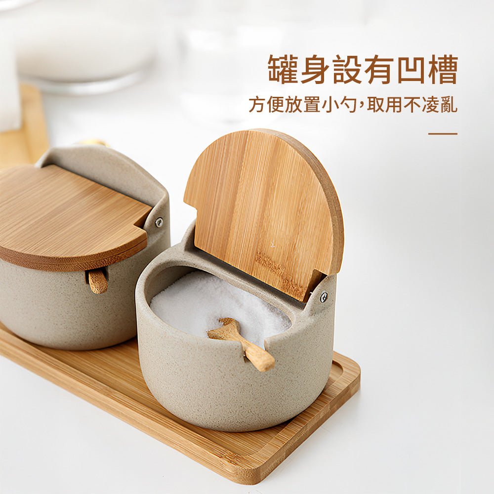 陶瓷竹木蓋調味罐 2罐組|質感雙罐・附標籤筆・350g大容量・竹木底座收納組