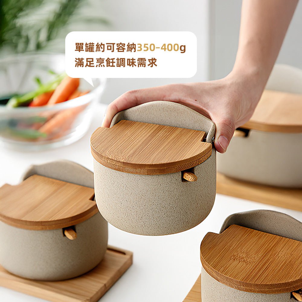 陶瓷竹木蓋調味罐 2罐組|質感雙罐・附標籤筆・350g大容量・竹木底座收納組