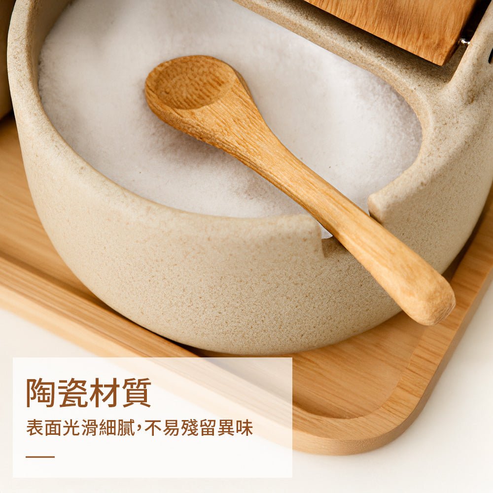 陶瓷竹木蓋調味罐 2罐組|質感雙罐・附標籤筆・350g大容量・竹木底座收納組