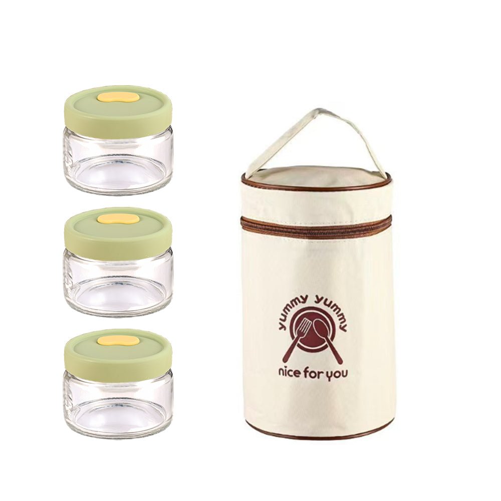 圓形玻璃保鮮便當盒3入組|飯菜湯分裝不串味・可微波烤箱加熱・附保溫袋上班好攜帶
