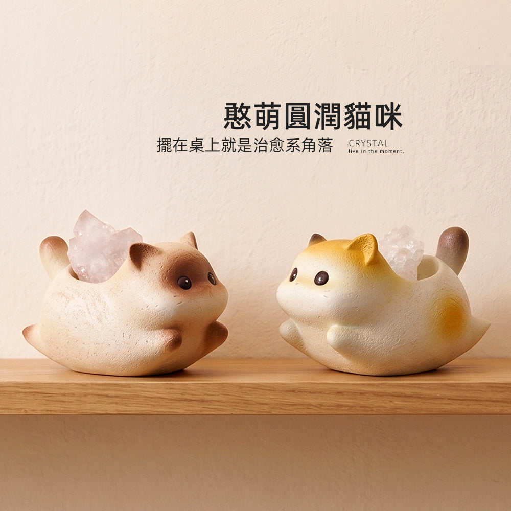 貓咪水晶擺件|背窩一塊原礦・桌角多份療癒感