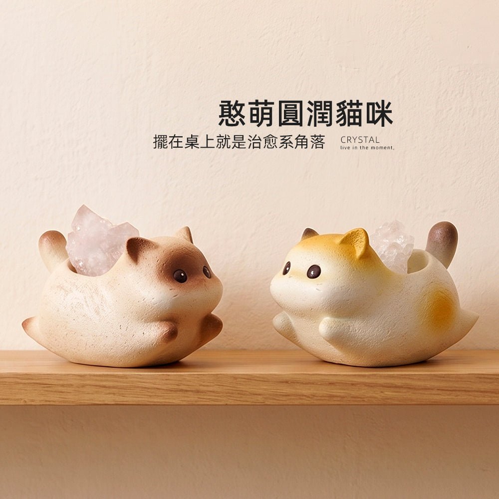 貓咪水晶擺件|背窩一塊原礦・桌角多份療癒感