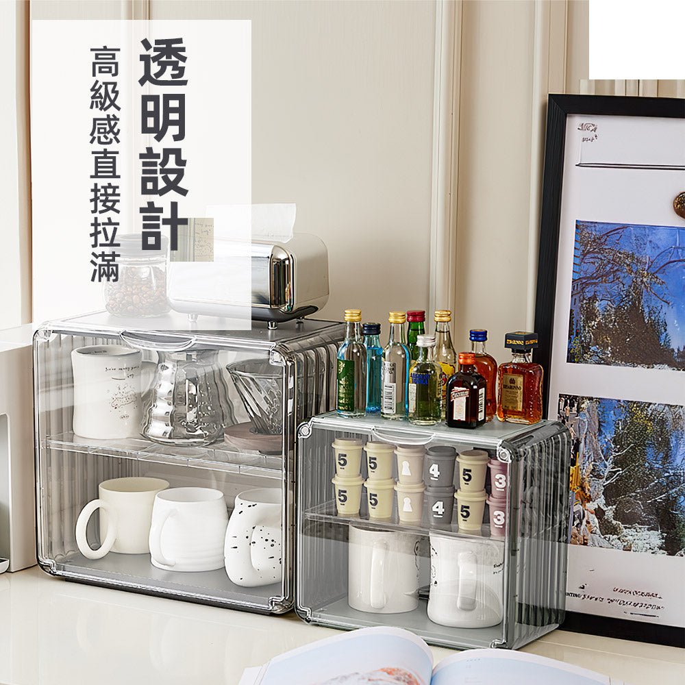 透明壓克力馬克杯收納箱|雙層防塵設計・磁吸門板單手開取・可疊堆堅固不傾倒