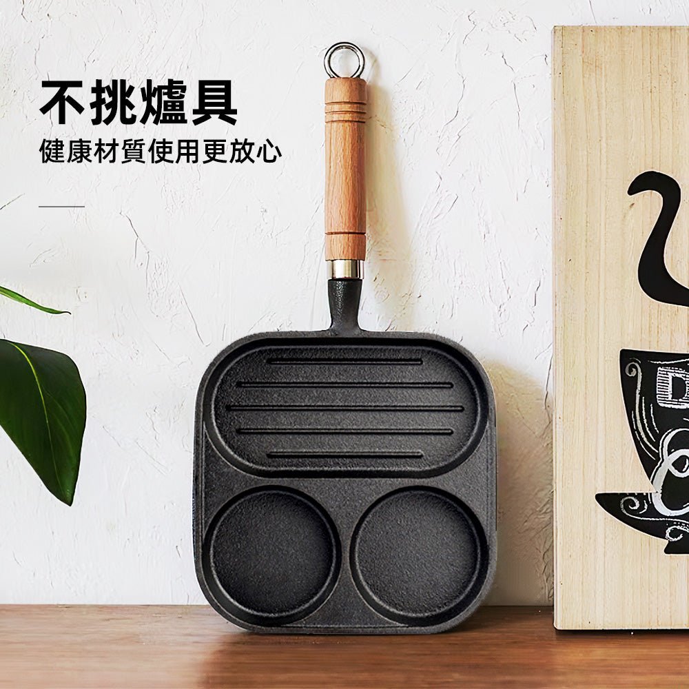 四孔煎蛋鍋|鑄鐵厚底加熱均勻・無塗層物理不沾・早餐鬆餅一鍋多做