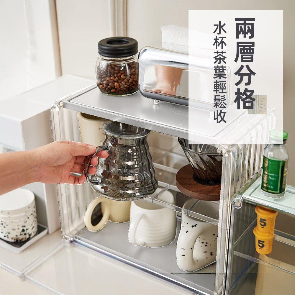 透明壓克力馬克杯收納箱|雙層防塵設計・磁吸門板單手開取・可疊堆堅固不傾倒