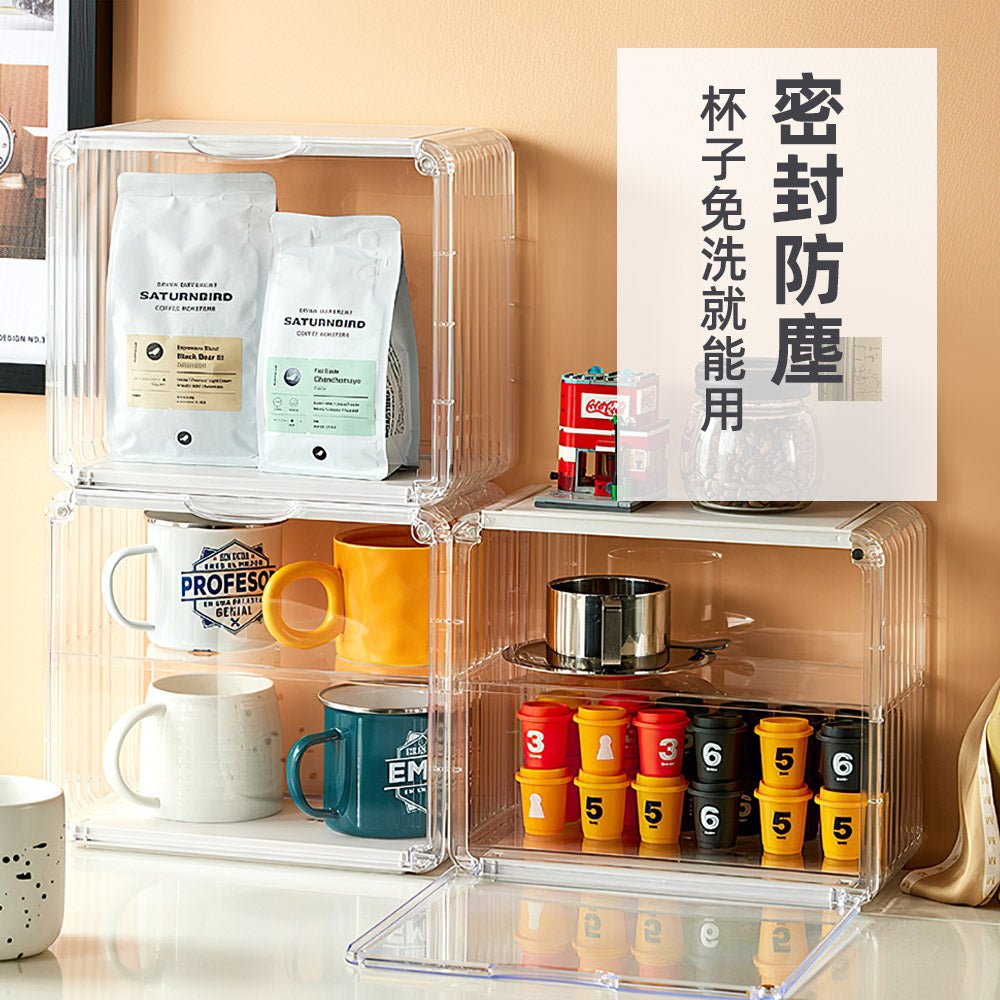 透明壓克力馬克杯收納箱|雙層防塵設計・磁吸門板單手開取・可疊堆堅固不傾倒