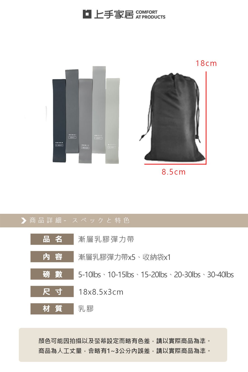 五段漸層彈力帶組|天然乳膠不鬆弛・健身收納好帶手