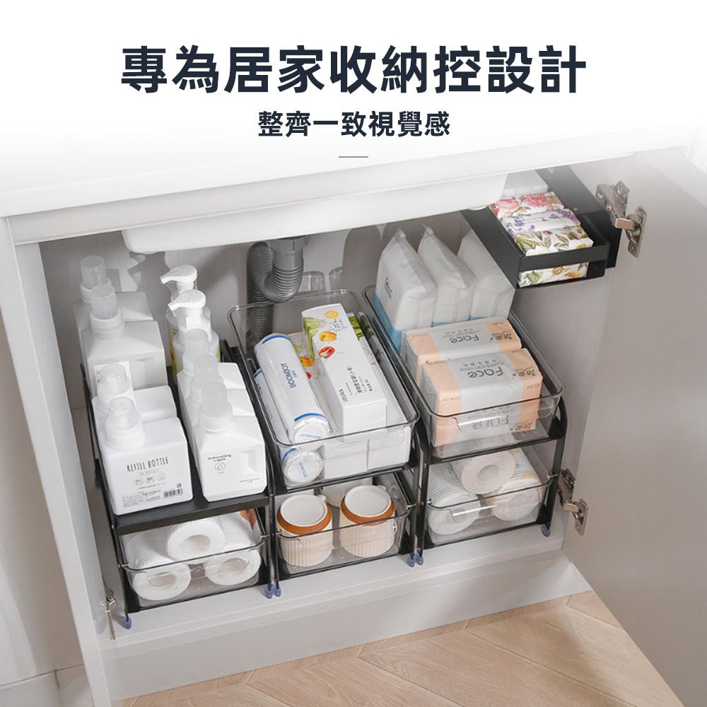 雙層廚房置物架｜抽拉收納籃・廚下檯面整齊分類