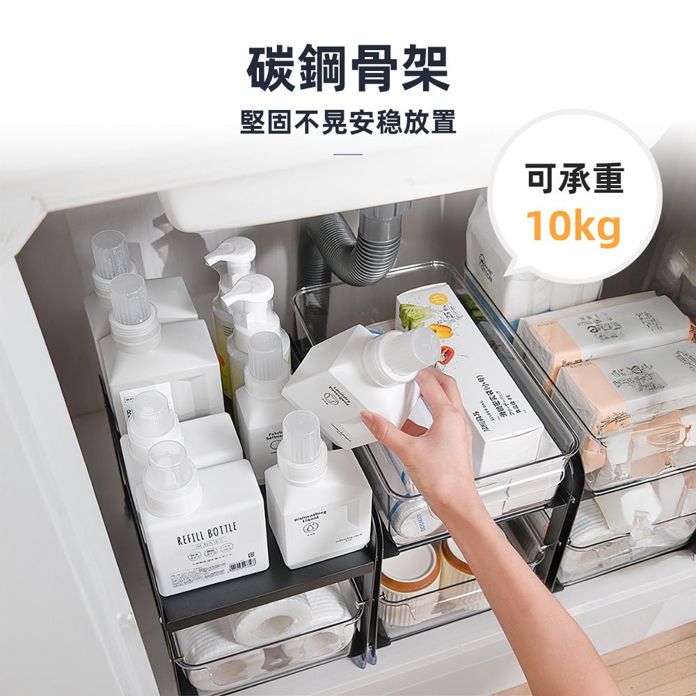 雙層廚房置物架｜抽拉收納籃・廚下檯面整齊分類