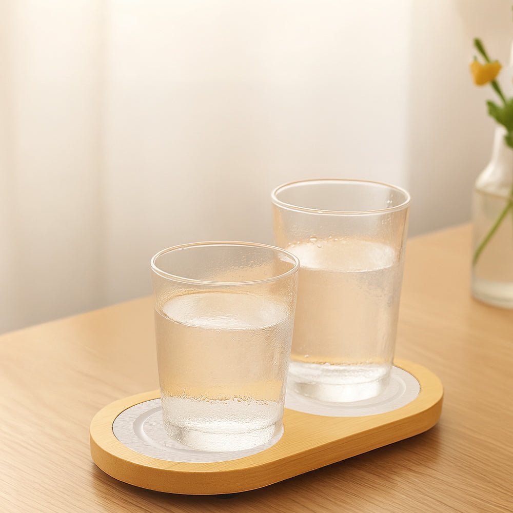 雙杯座硅藻土吸水墊｜竹木質感搭配吸水石・桌面乾爽整潔更有質感