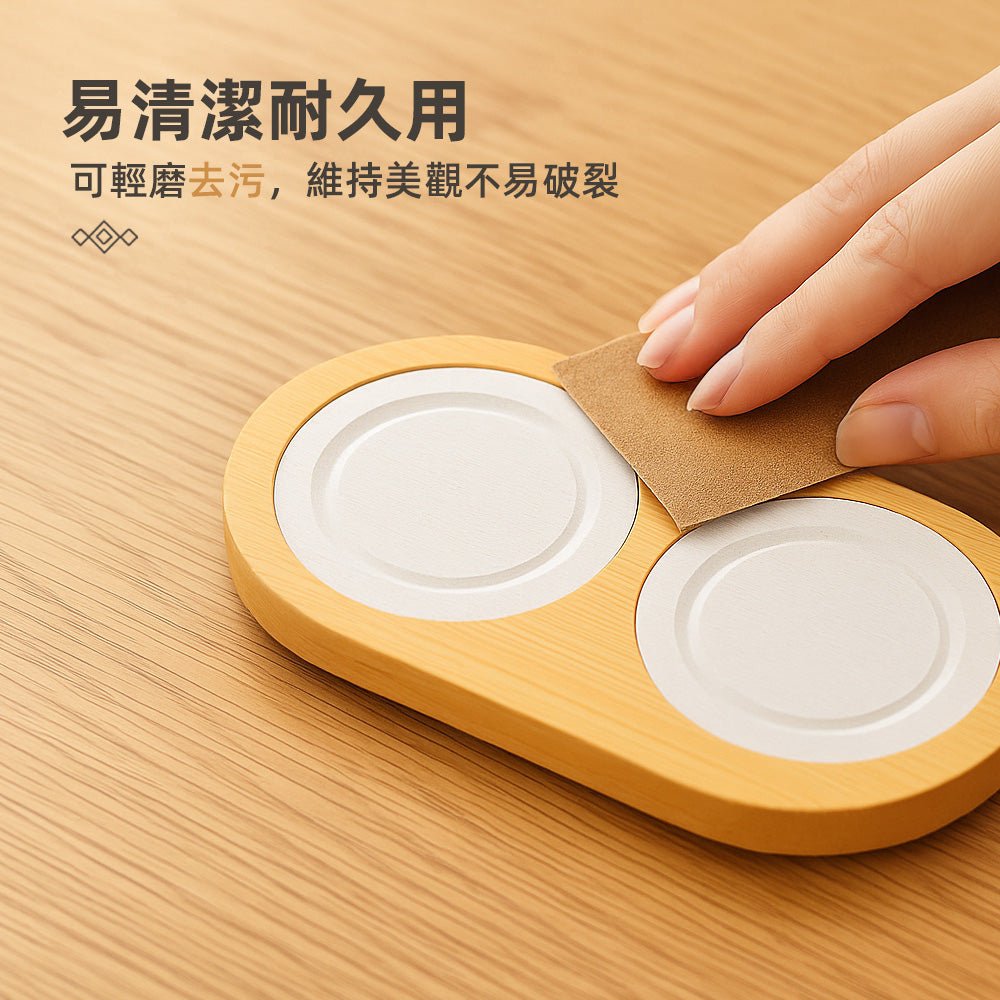 雙杯座硅藻土吸水墊｜竹木質感搭配吸水石・桌面乾爽整潔更有質感