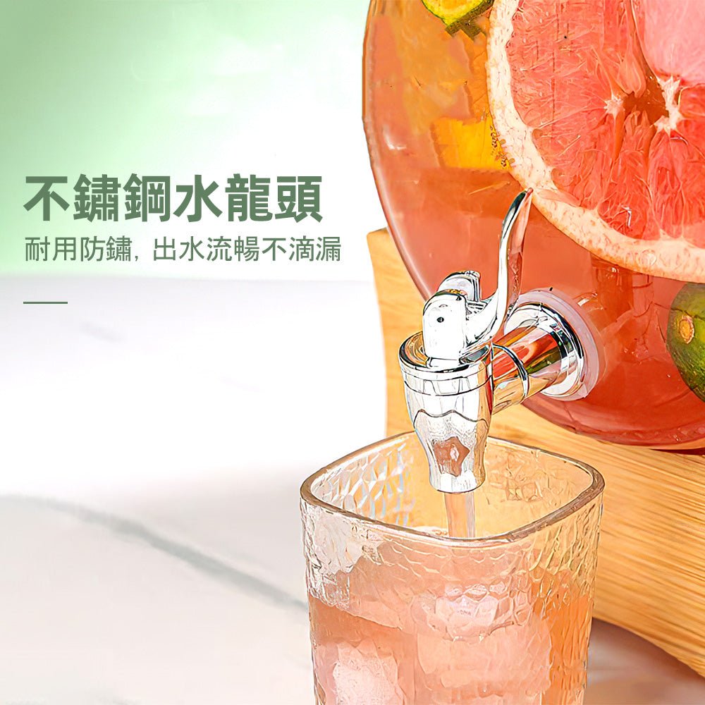 玻璃冷飲水壺桶｜2.5L大容量・附木架與氣閥・聚會果汁酒飲皆宜