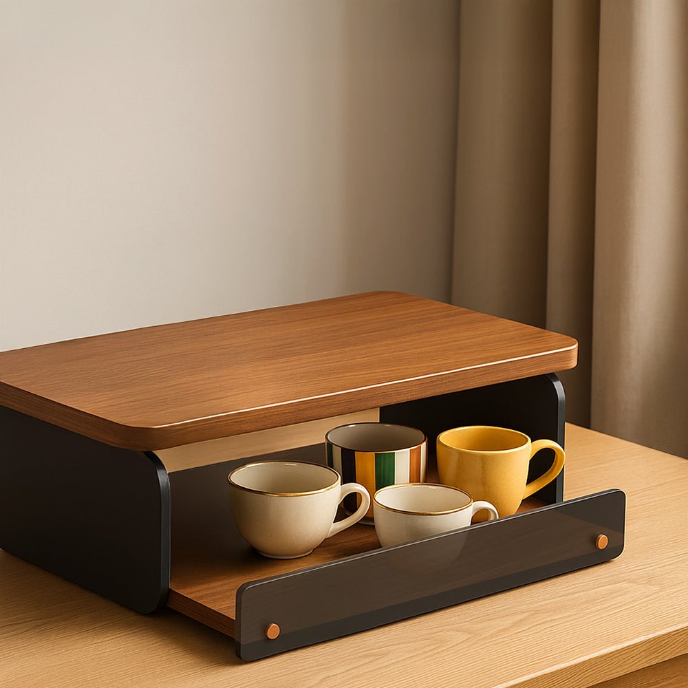 木紋桌上收納盒｜抽屜滑軌設計・咖啡角落更整齊有序
