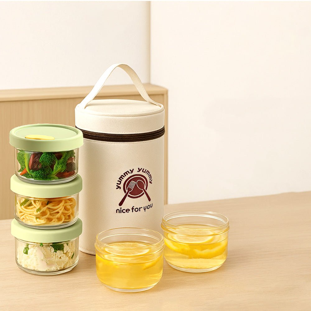 圓形玻璃保鮮便當盒3入組｜飯菜湯分裝不串味・可微波烤箱加熱・附保溫袋上班好攜帶