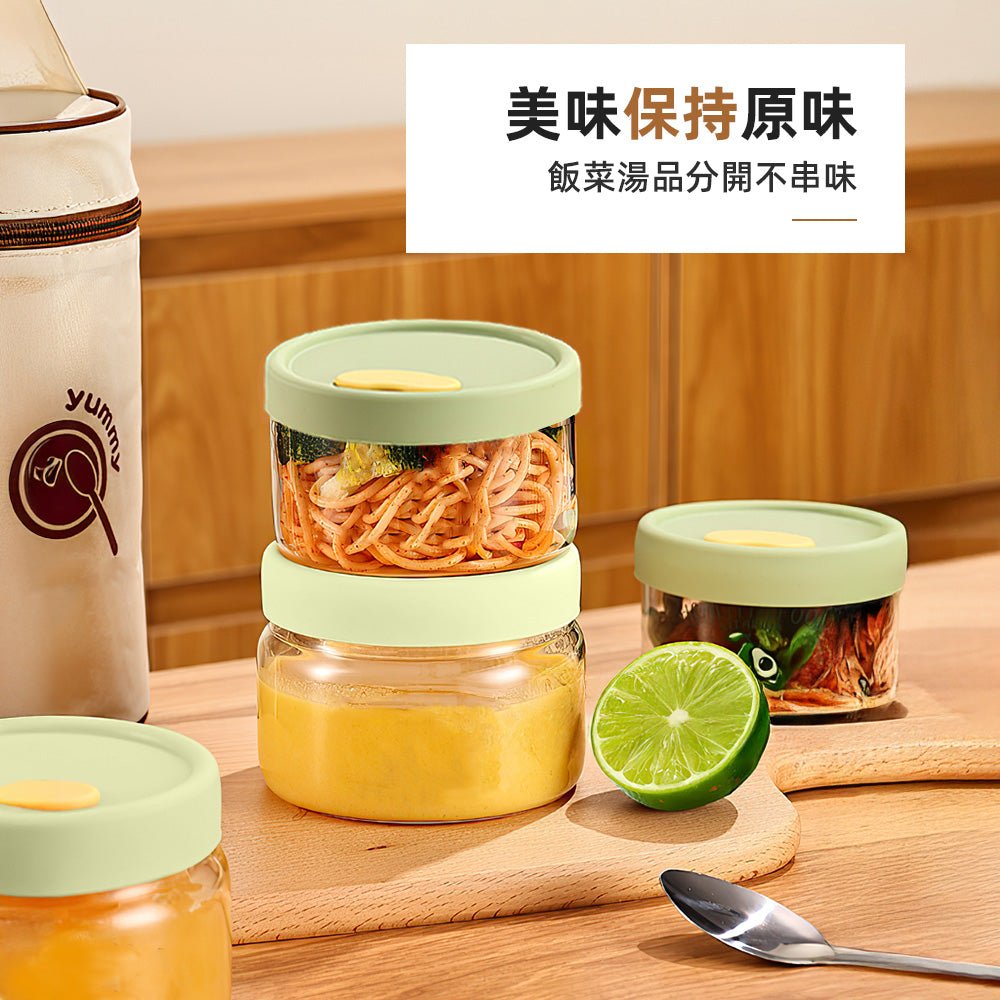 圓形玻璃保鮮便當盒3入組｜飯菜湯分裝不串味・可微波烤箱加熱・附保溫袋上班好攜帶