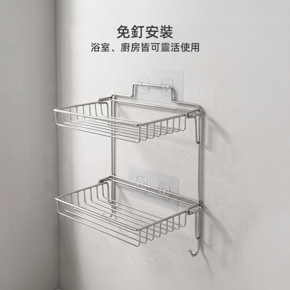 不鏽鋼雙層浴室架｜免打孔上牆・濕滑浴室也能收得整齊