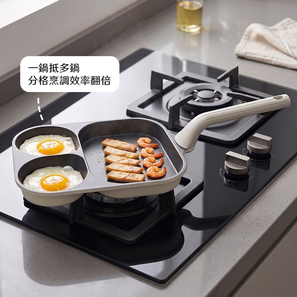 分格鈦陶瓷煎蛋鍋｜一鍋同時煎蛋煎肉，早餐不用等